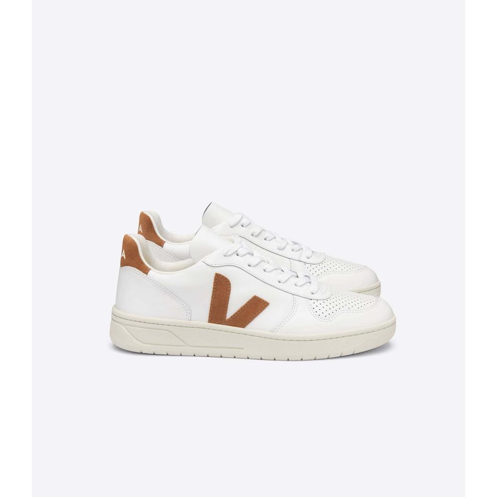 White/Brown Men\'s Veja V-10 LEATHER Sneakers | AU 329CTV